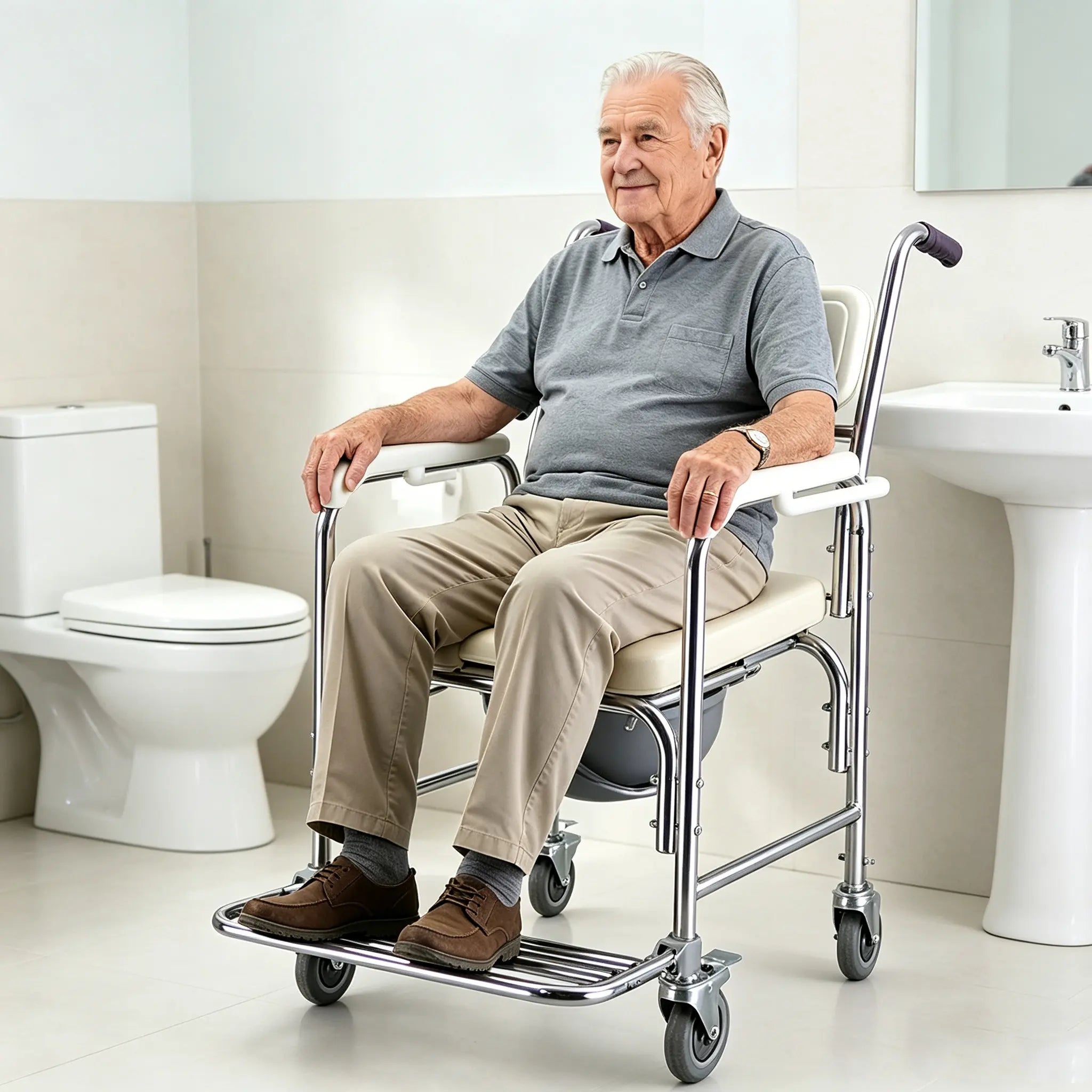 3-In-1 Multifunction Rolling Seat Wheeled Mobile Toilet Commode Shower Chair, Shower&Toilet Helper with Wheels for Home Use