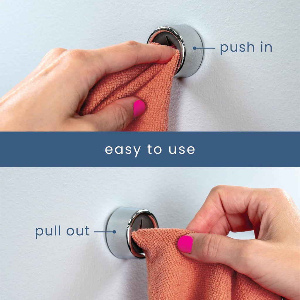 round Adhesive Push Towel Hooks for Kitchen, Hand and Dish Towels, Grey, 4 Pack