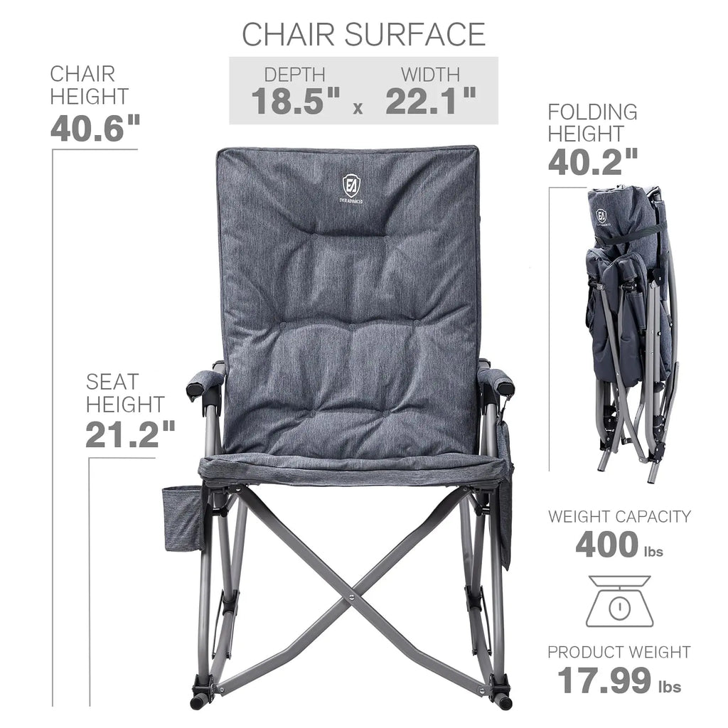Padded Portable Camp Chair for Parents, EVER ADVANCED Adjustable Folding Lounger for Patio, Lawn and Outdoor, Oversized Rocking Chair, Support 400LBS