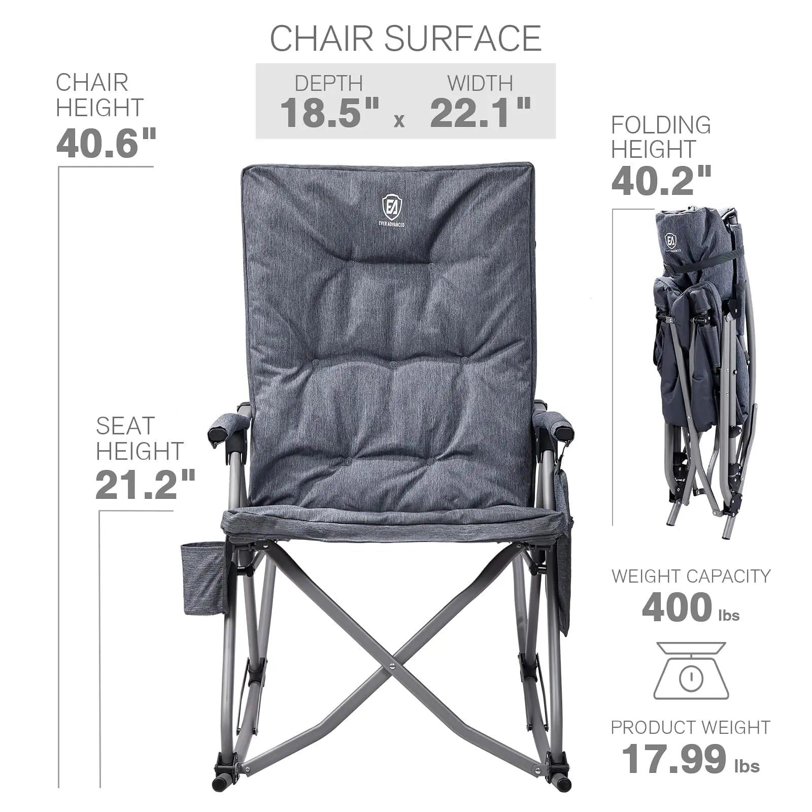 Padded Portable Camp Chair for Parents, EVER ADVANCED Adjustable Folding Lounger for Patio, Lawn and Outdoor, Oversized Rocking Chair, Support 400LBS