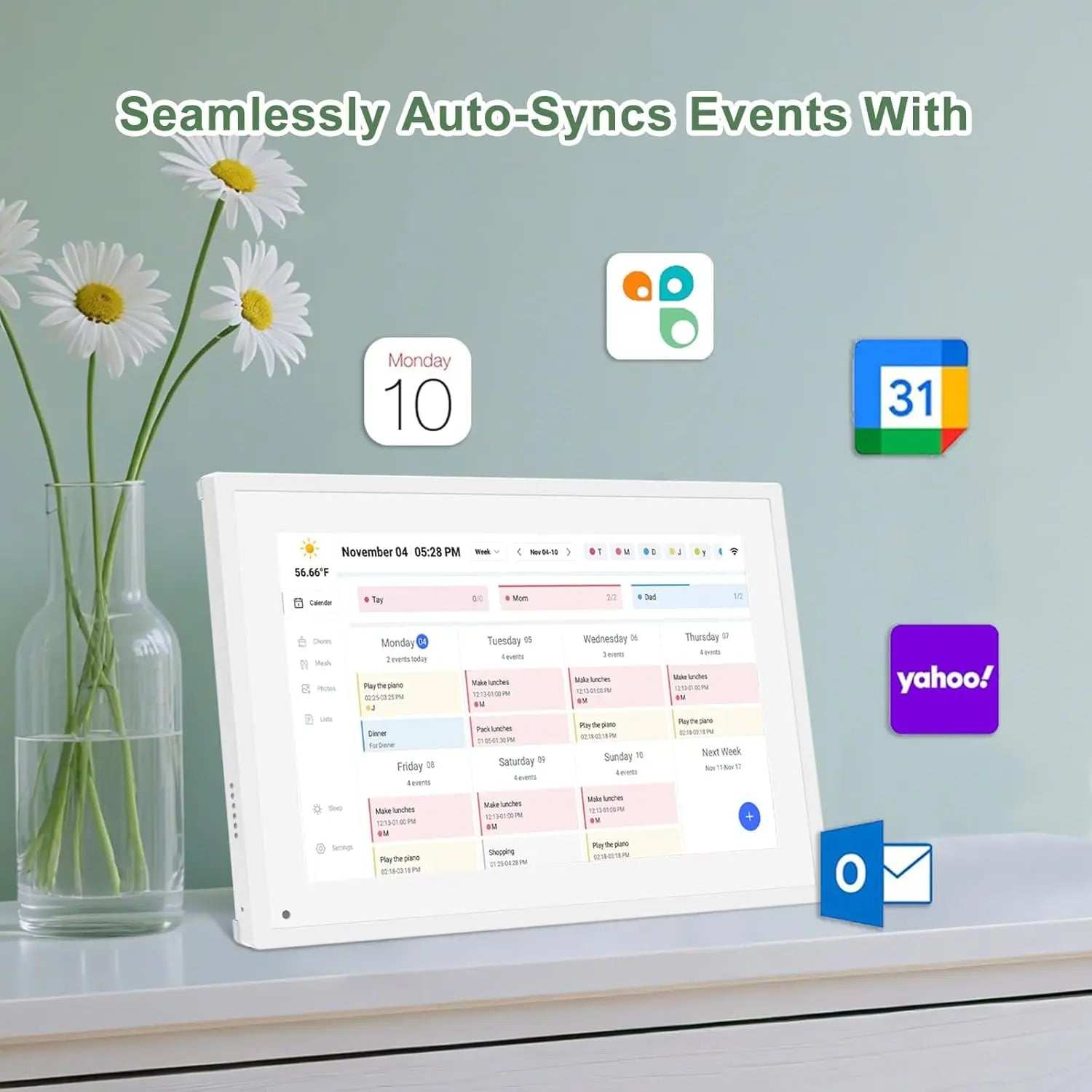 10.1 Inch Smart Digital Calendar with Chore Charts, Family Schedules & Meal Planner, Featuring HD Touchscreen, Auto-Rotate Display, Built-In Digital Picture Frame and Free App Photo/Video Sharing