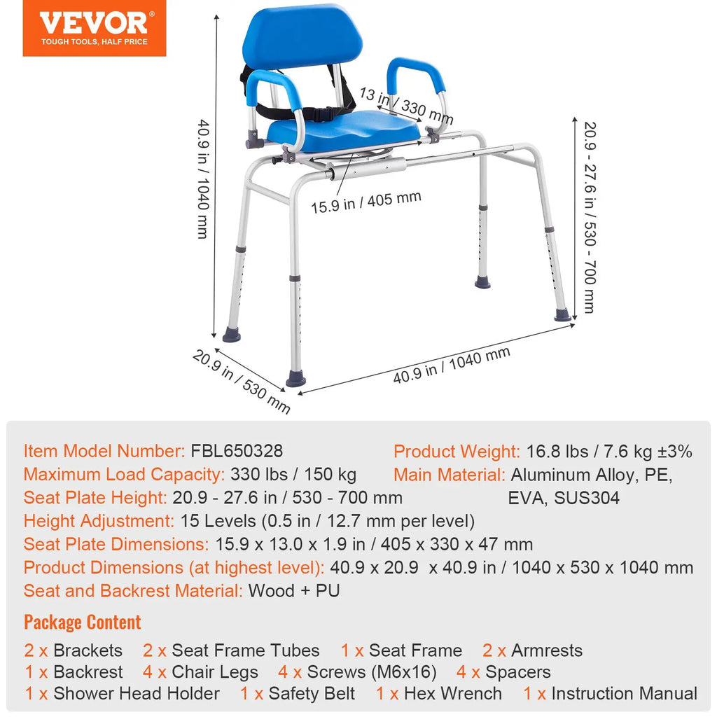 VEVOR Sliding Tub Transfer Bench with 360 Degree Swivel Seat, Summervibes,Summervibes, Sliding Shower Chair with Pivoting Armrest & Padded Seat and Safety Belt, Height Adjustable Bath Chair for Elderly Disabled 330LBS