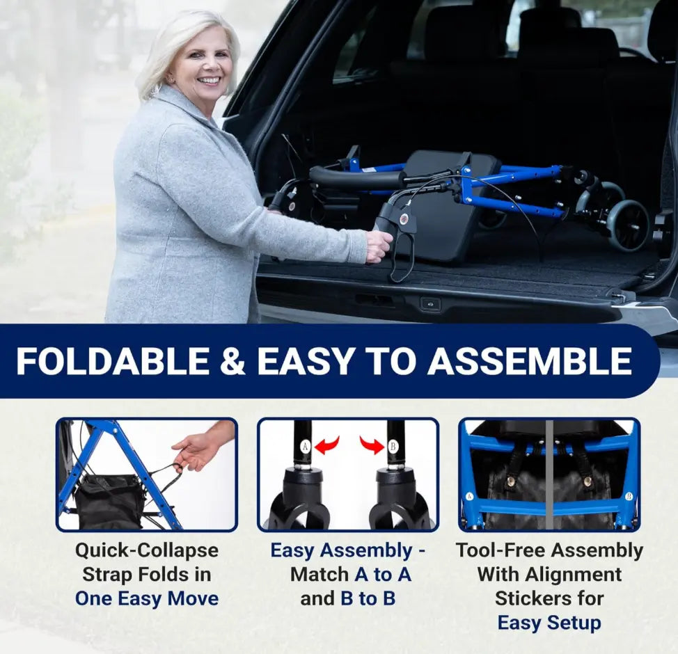 Arrigo Premium Rollator Walker with Large Cushioned Seat, Cup & Phone Holder and More – Folding, 4-Wheel Steel Rolling Walker with Brakes & Zippered Storage – Adjustable Height 350 Lbs Capacity