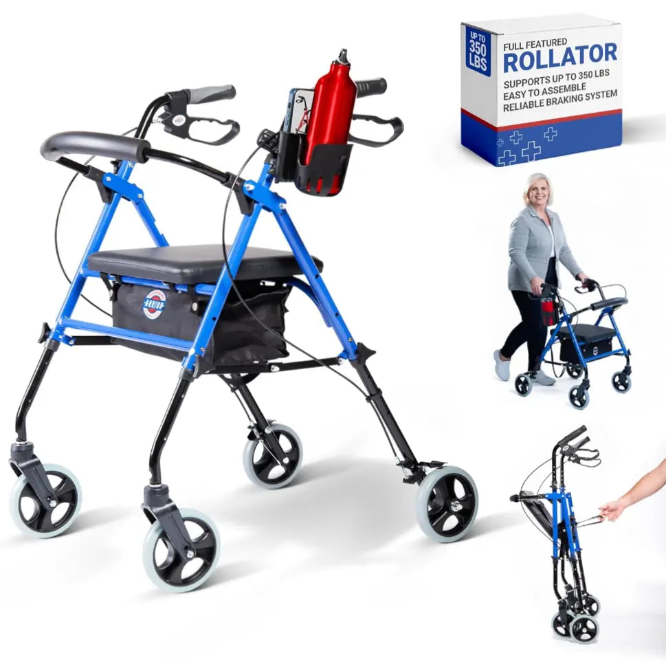 Arrigo Premium Rollator Walker with Large Cushioned Seat, Cup & Phone Holder and More – Folding, 4-Wheel Steel Rolling Walker with Brakes & Zippered Storage – Adjustable Height 350 Lbs Capacity