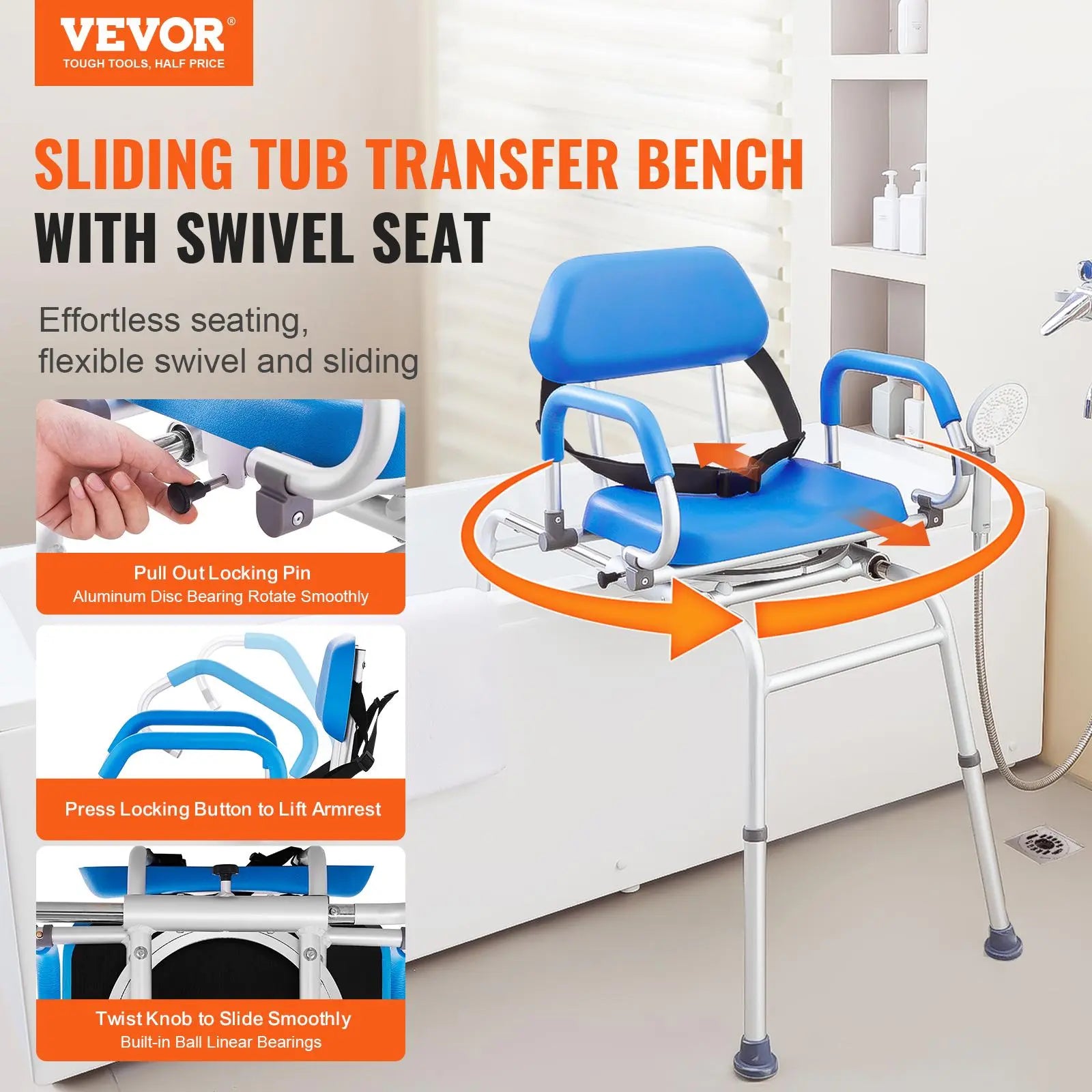 VEVOR Sliding Tub Transfer Bench with 360 Degree Swivel Seat, Summervibes,Summervibes, Sliding Shower Chair with Pivoting Armrest & Padded Seat and Safety Belt, Height Adjustable Bath Chair for Elderly Disabled 330LBS