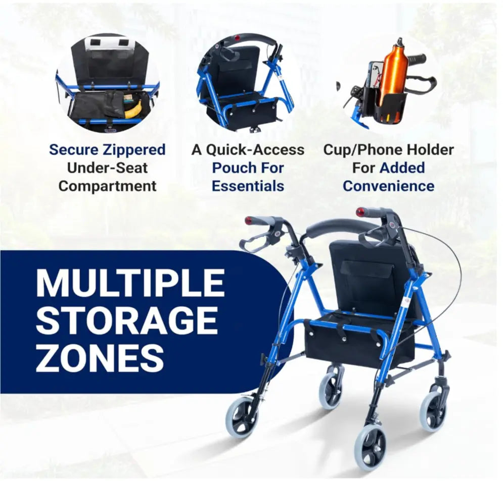 Arrigo Premium Rollator Walker with Large Cushioned Seat, Cup & Phone Holder and More – Folding, 4-Wheel Steel Rolling Walker with Brakes & Zippered Storage – Adjustable Height 350 Lbs Capacity