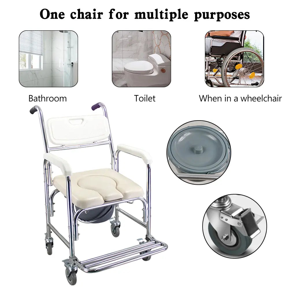 3-In-1 Multifunction Rolling Seat Wheeled Mobile Toilet Commode Shower Chair, Shower&Toilet Helper with Wheels for Home Use