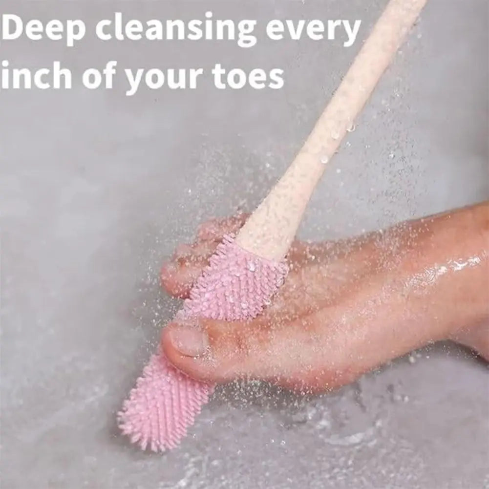 Set of 2 Silicone Foot Scrubber, 15.7" Toe Cleaning Brush in Shower with Long Handle Cleaning Bath Foot Brush for Shower Gentle Foot Exfoliating Lotion Applicator for Seniors, Elderly, Men and Women (Grey) Pink Personal
