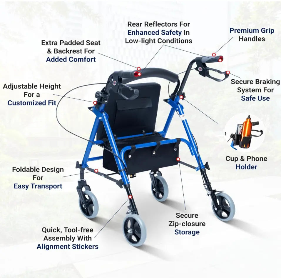 Arrigo Premium Rollator Walker with Large Cushioned Seat, Cup & Phone Holder and More – Folding, 4-Wheel Steel Rolling Walker with Brakes & Zippered Storage – Adjustable Height 350 Lbs Capacity
