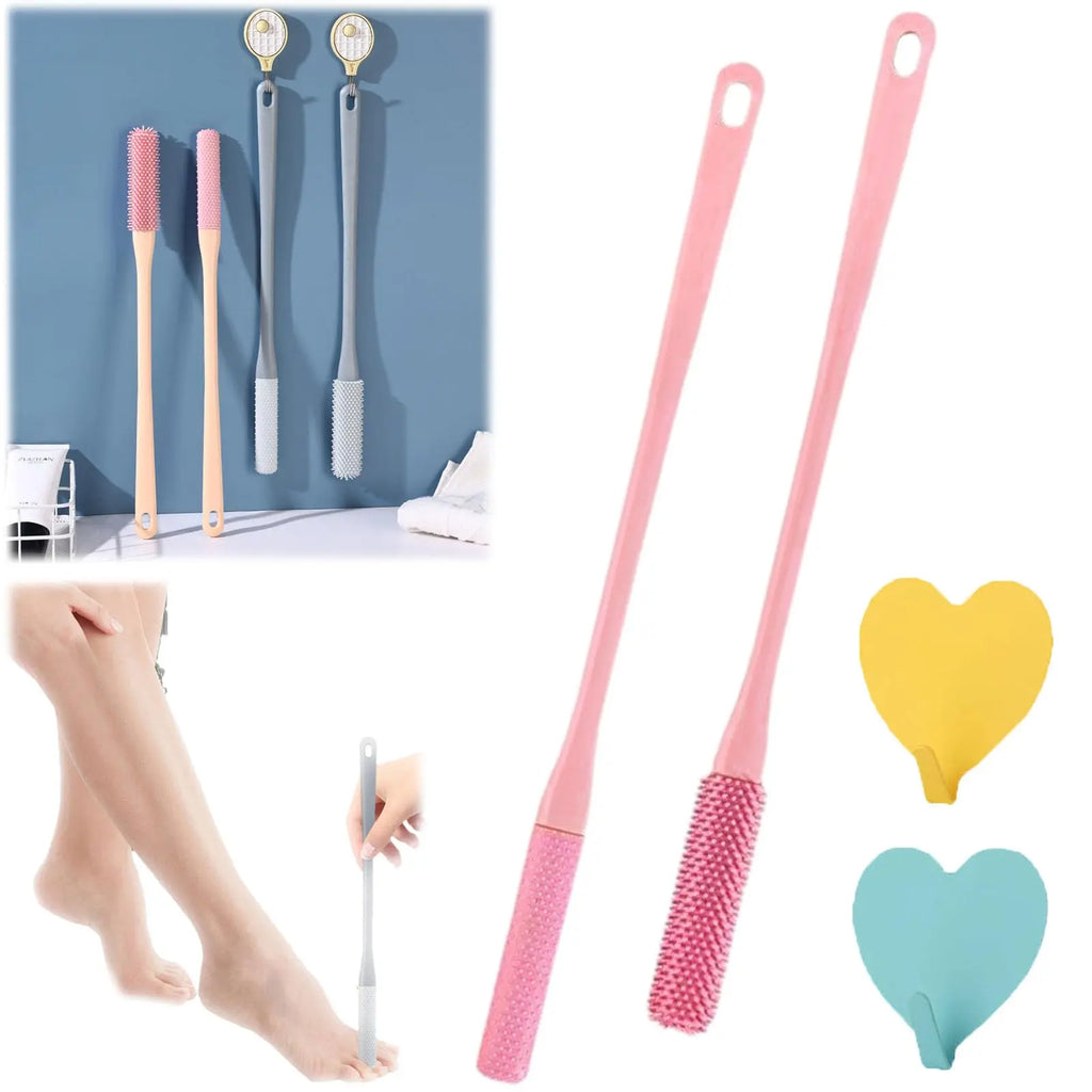 Set of 2 Silicone Foot Scrubber, 15.7" Toe Cleaning Brush in Shower with Long Handle Cleaning Bath Foot Brush for Shower Gentle Foot Exfoliating Lotion Applicator for Seniors, Elderly, Men and Women (Grey) Pink Personal