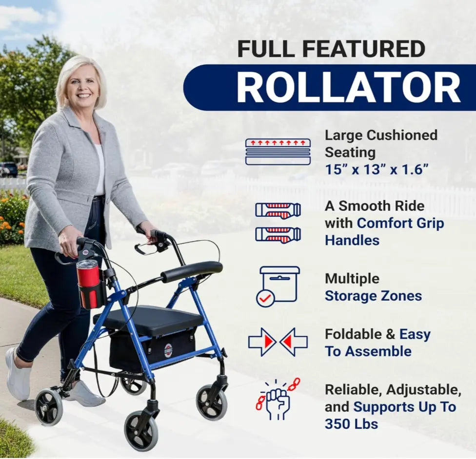 Arrigo Premium Rollator Walker with Large Cushioned Seat, Cup & Phone Holder and More – Folding, 4-Wheel Steel Rolling Walker with Brakes & Zippered Storage – Adjustable Height 350 Lbs Capacity