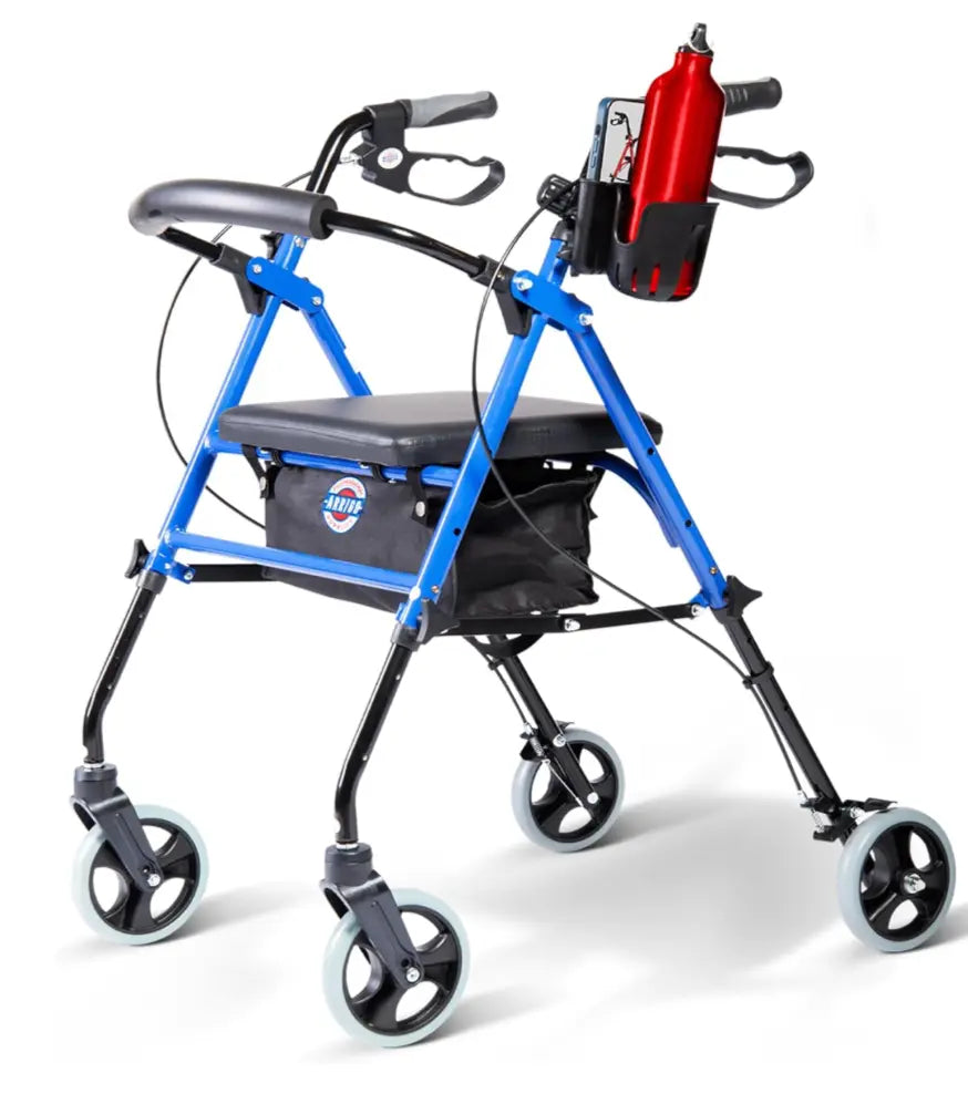 Arrigo Premium Rollator Walker with Large Cushioned Seat, Cup & Phone Holder and More – Folding, 4-Wheel Steel Rolling Walker with Brakes & Zippered Storage – Adjustable Height 350 Lbs Capacity