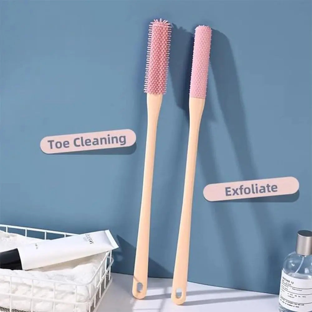 Set of 2 Silicone Foot Scrubber, 15.7" Toe Cleaning Brush in Shower with Long Handle Cleaning Bath Foot Brush for Shower Gentle Foot Exfoliating Lotion Applicator for Seniors, Elderly, Men and Women (Grey) Pink Personal