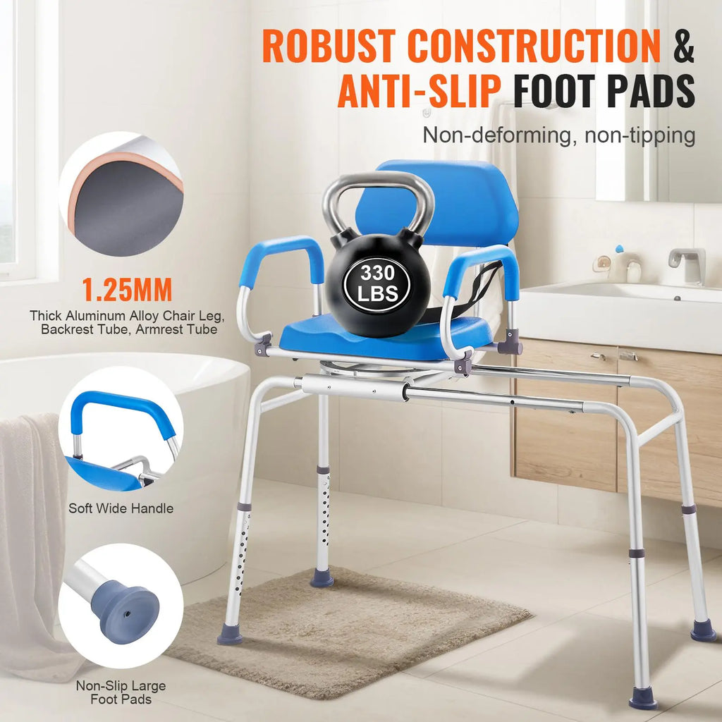 VEVOR Sliding Tub Transfer Bench with 360 Degree Swivel Seat, Summervibes,Summervibes, Sliding Shower Chair with Pivoting Armrest & Padded Seat and Safety Belt, Height Adjustable Bath Chair for Elderly Disabled 330LBS