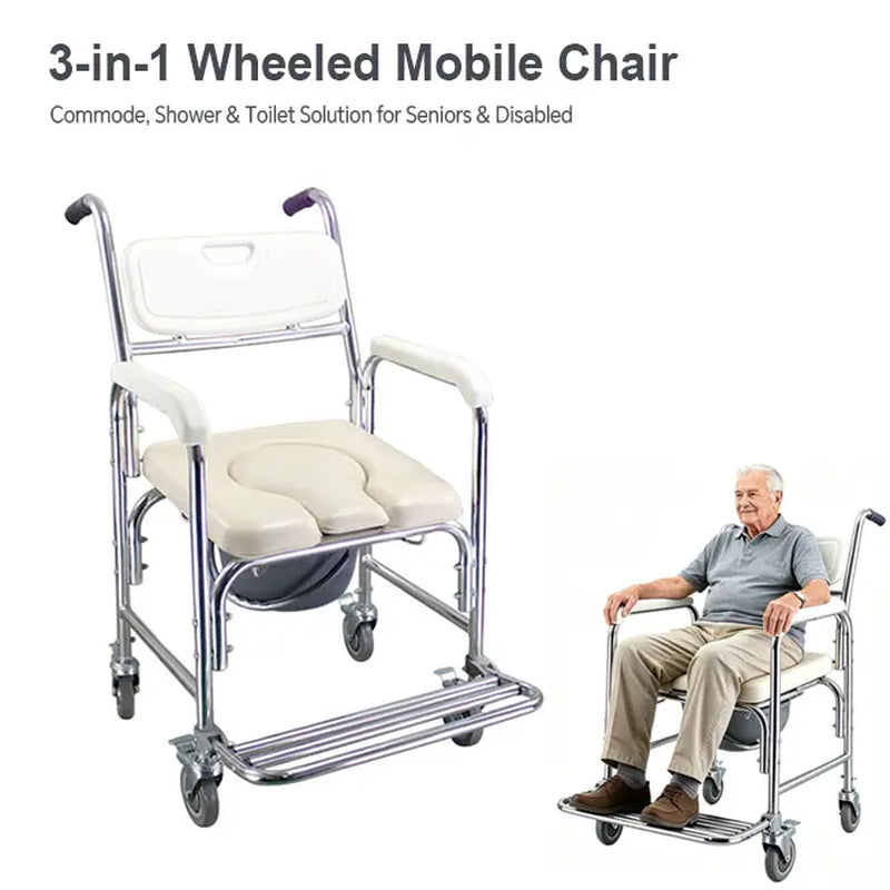 3-In-1 Multifunction Rolling Seat Wheeled Mobile Toilet Commode Shower Chair, Shower&Toilet Helper with Wheels for Home Use