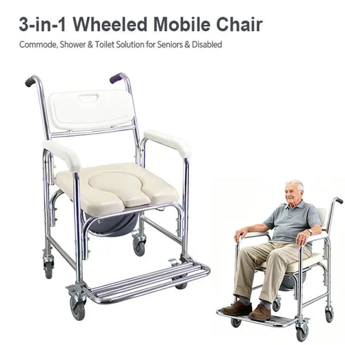 3-In-1 Multifunction Rolling Seat Wheeled Mobile Toilet Commode Shower Chair, Shower&Toilet Helper with Wheels for Home Use