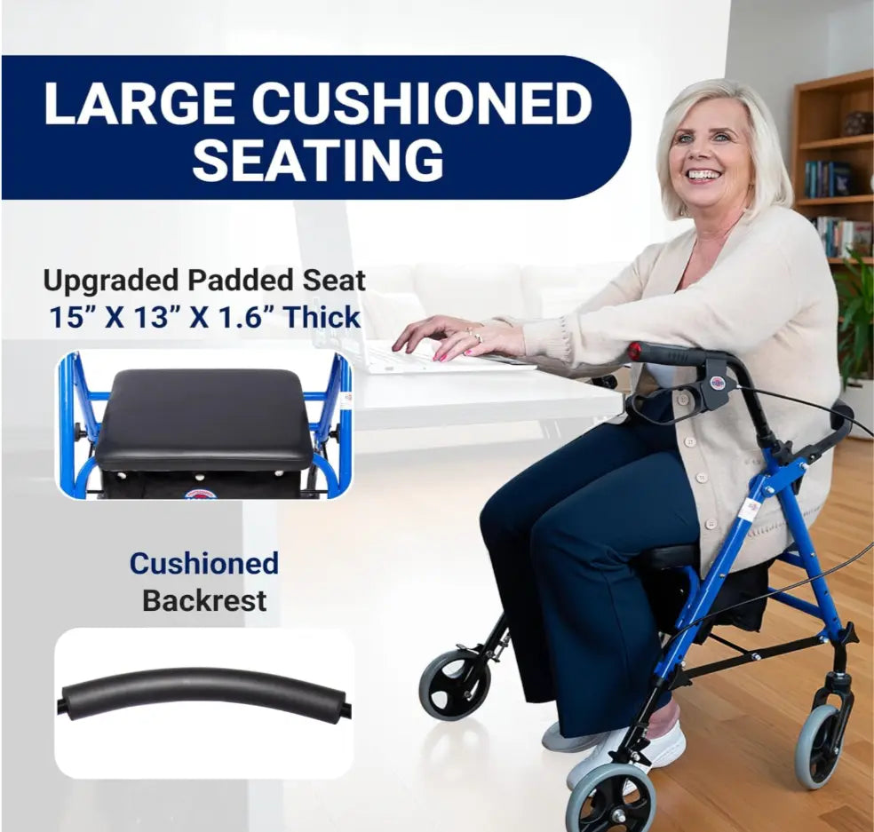 Arrigo Premium Rollator Walker with Large Cushioned Seat, Cup & Phone Holder and More – Folding, 4-Wheel Steel Rolling Walker with Brakes & Zippered Storage – Adjustable Height 350 Lbs Capacity