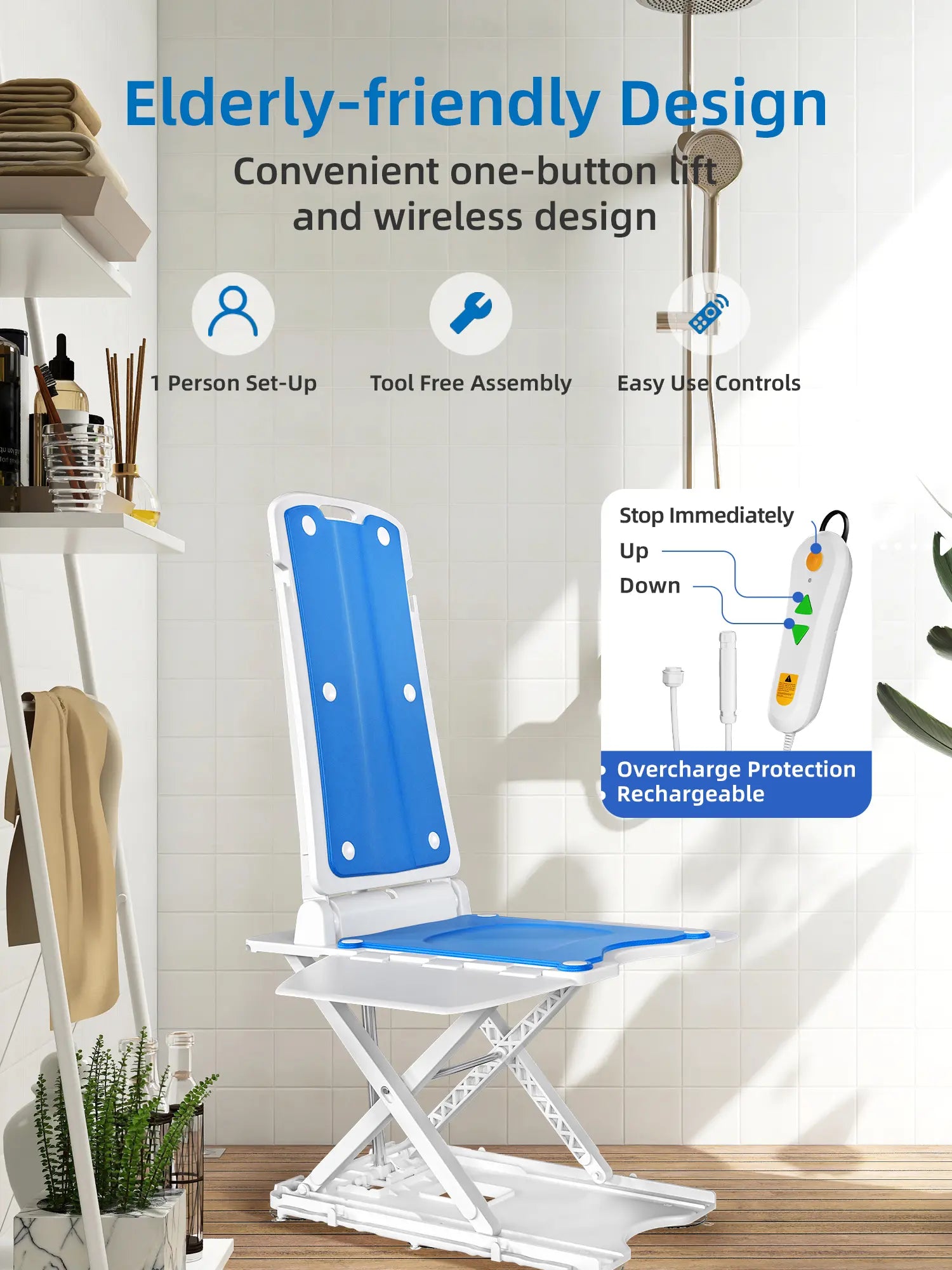 Electric Chair Lift - Floor Lift for Elderly Falls, Support up to 308 LB, IPX8 Waterproof Bath Lift, Foldable & Wireless Rechargeable Design, Quick-Rise Assist for Elderly & Disabled