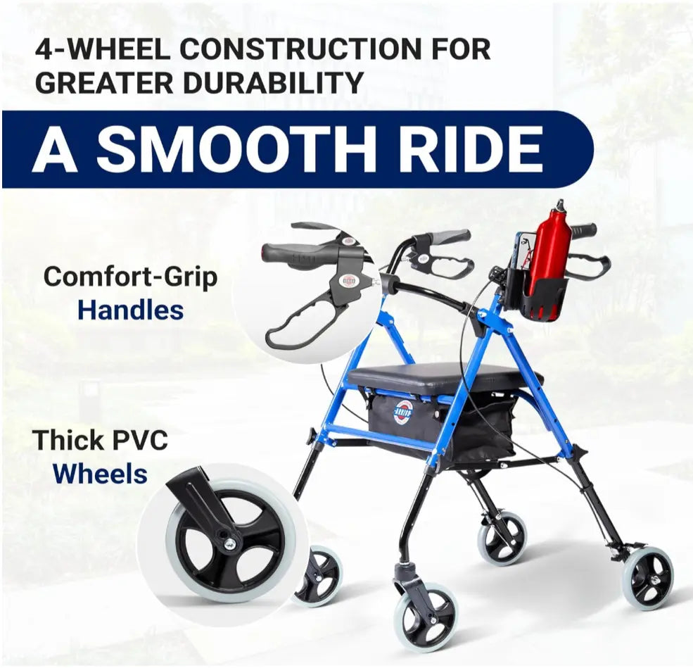 Arrigo Premium Rollator Walker with Large Cushioned Seat, Cup & Phone Holder and More – Folding, 4-Wheel Steel Rolling Walker with Brakes & Zippered Storage – Adjustable Height 350 Lbs Capacity