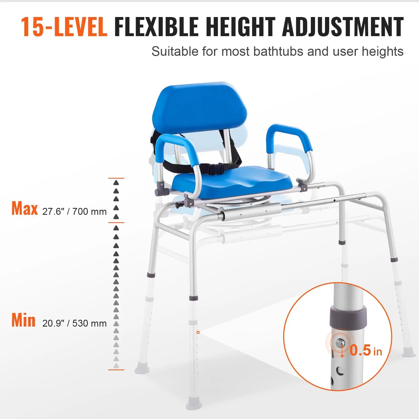 VEVOR Sliding Tub Transfer Bench with 360 Degree Swivel Seat, Summervibes,Summervibes, Sliding Shower Chair with Pivoting Armrest & Padded Seat and Safety Belt, Height Adjustable Bath Chair for Elderly Disabled 330LBS