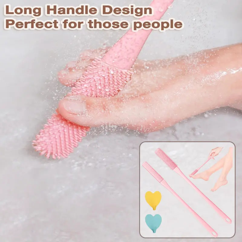 Set of 2 Silicone Foot Scrubber, 15.7" Toe Cleaning Brush in Shower with Long Handle Cleaning Bath Foot Brush for Shower Gentle Foot Exfoliating Lotion Applicator for Seniors, Elderly, Men and Women (Grey) Pink Personal